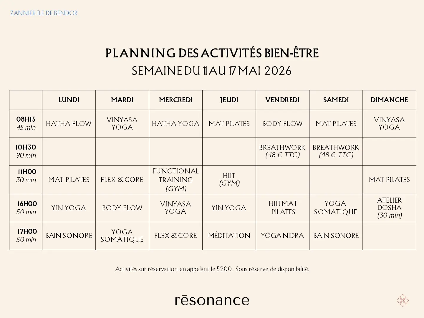 2026.05.11-17 - Zannier Île de Bendor - Rēsonance - Planning des Activités Bien-être 