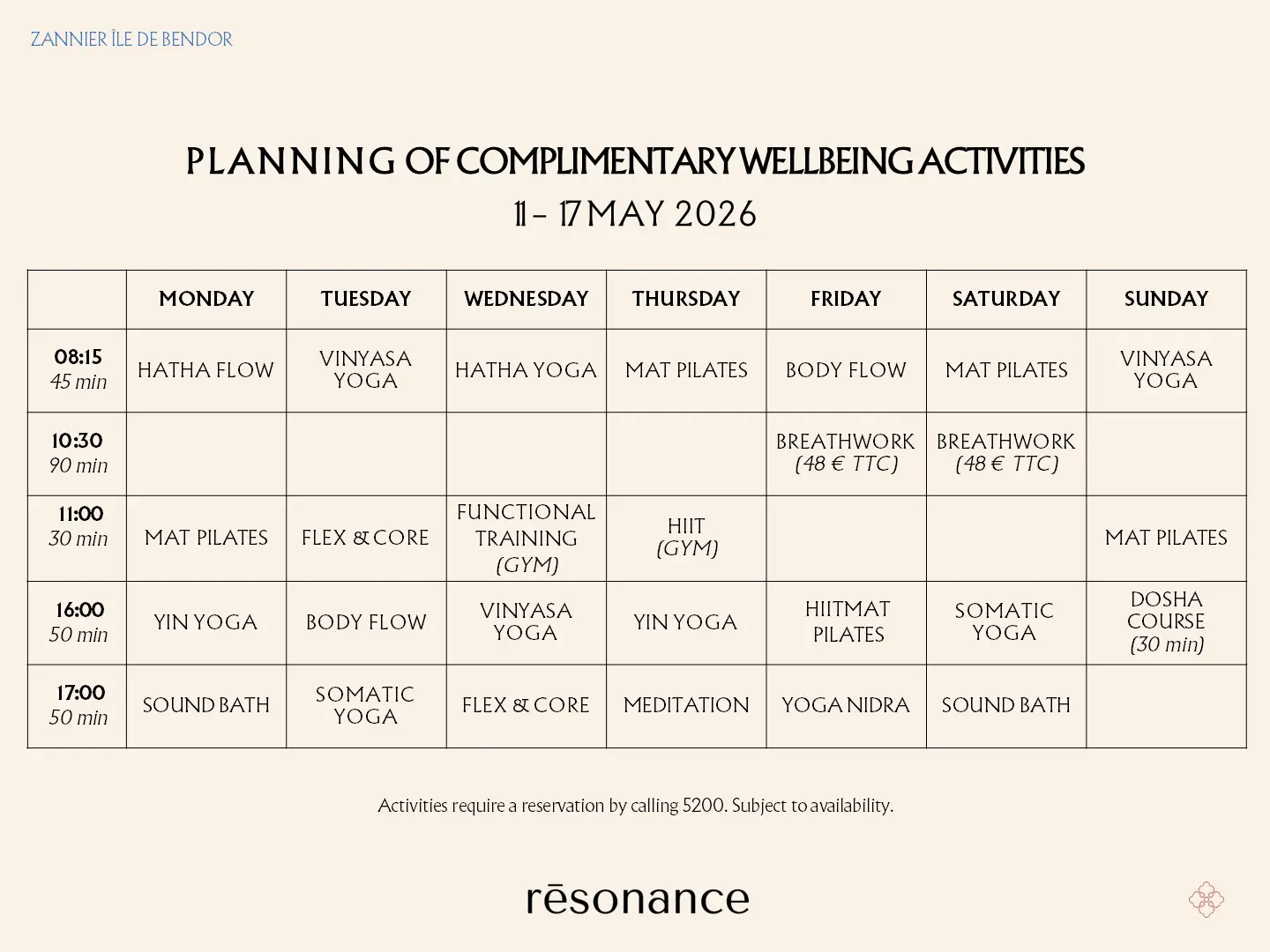 2026.05.11-17 - Zannier Île de Bendor - Rēsonance - Planning of complimentary Wellness Activities 