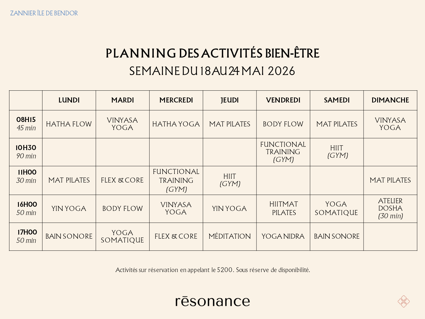2026.05.18-24 - Zannier Île de Bendor - Rēsonance - Planning des Activités Bien-être 