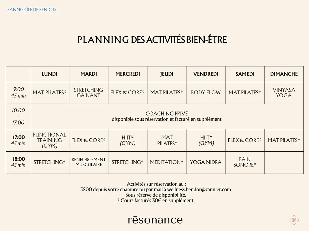 Zannier Île de Bendor, Bandol, France - Planning des activités bien-être du 24 au 30 juillet 2026 