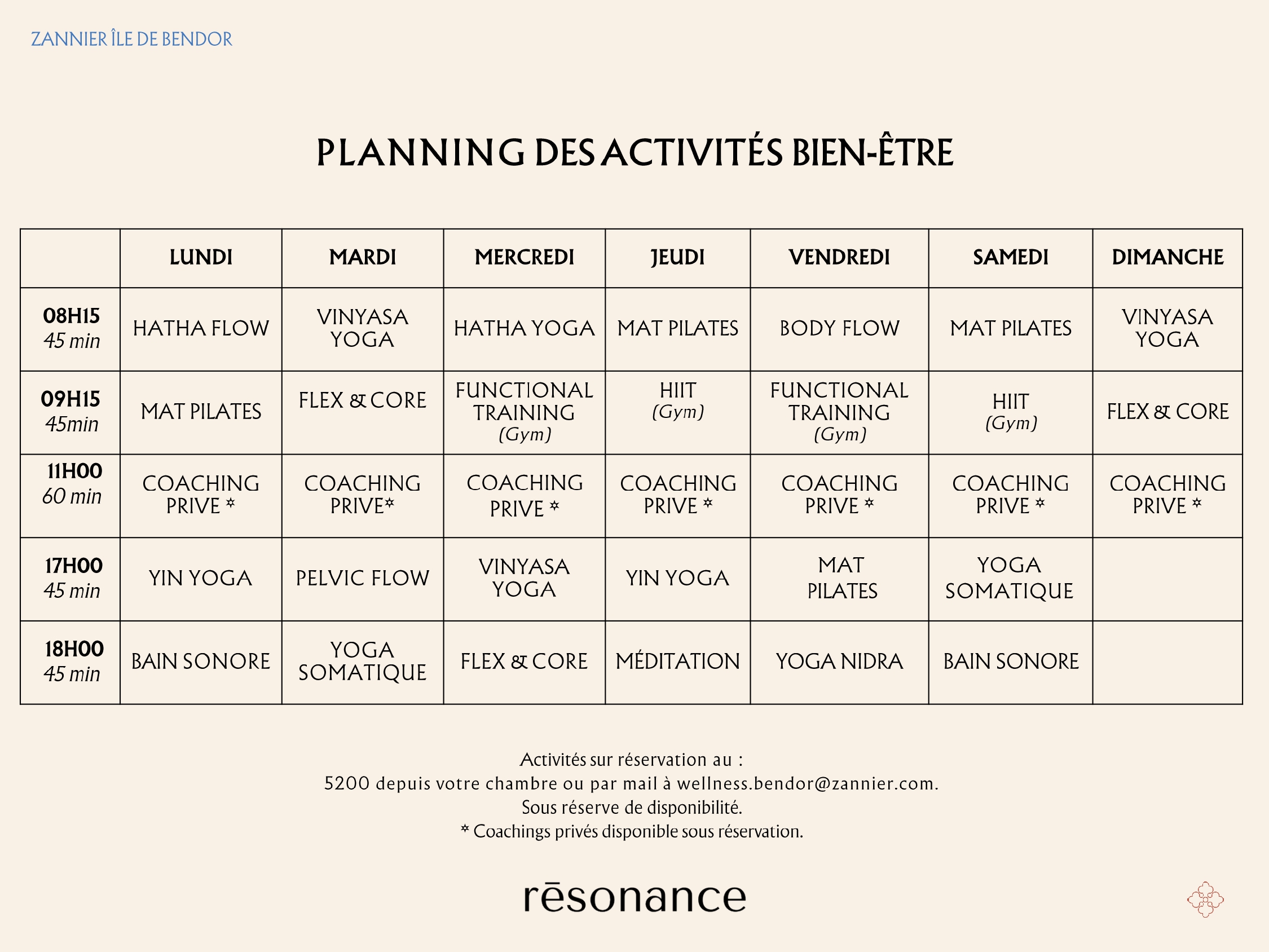 Zannier Île de Bendor - Rēsonance - Planning des Activités Bien-être 