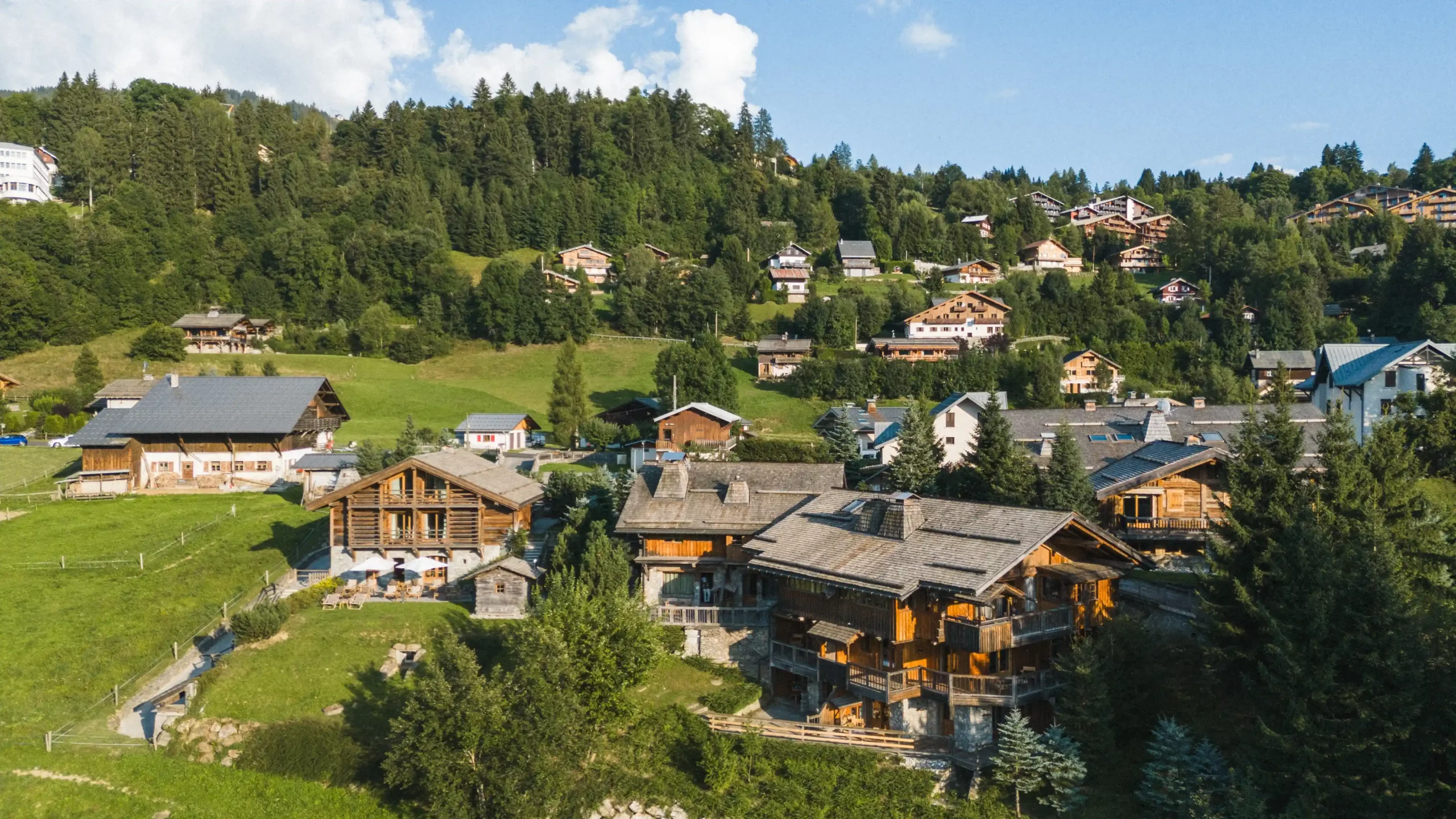 Aerial view of Zannier Le Chalet in summer in Megève.