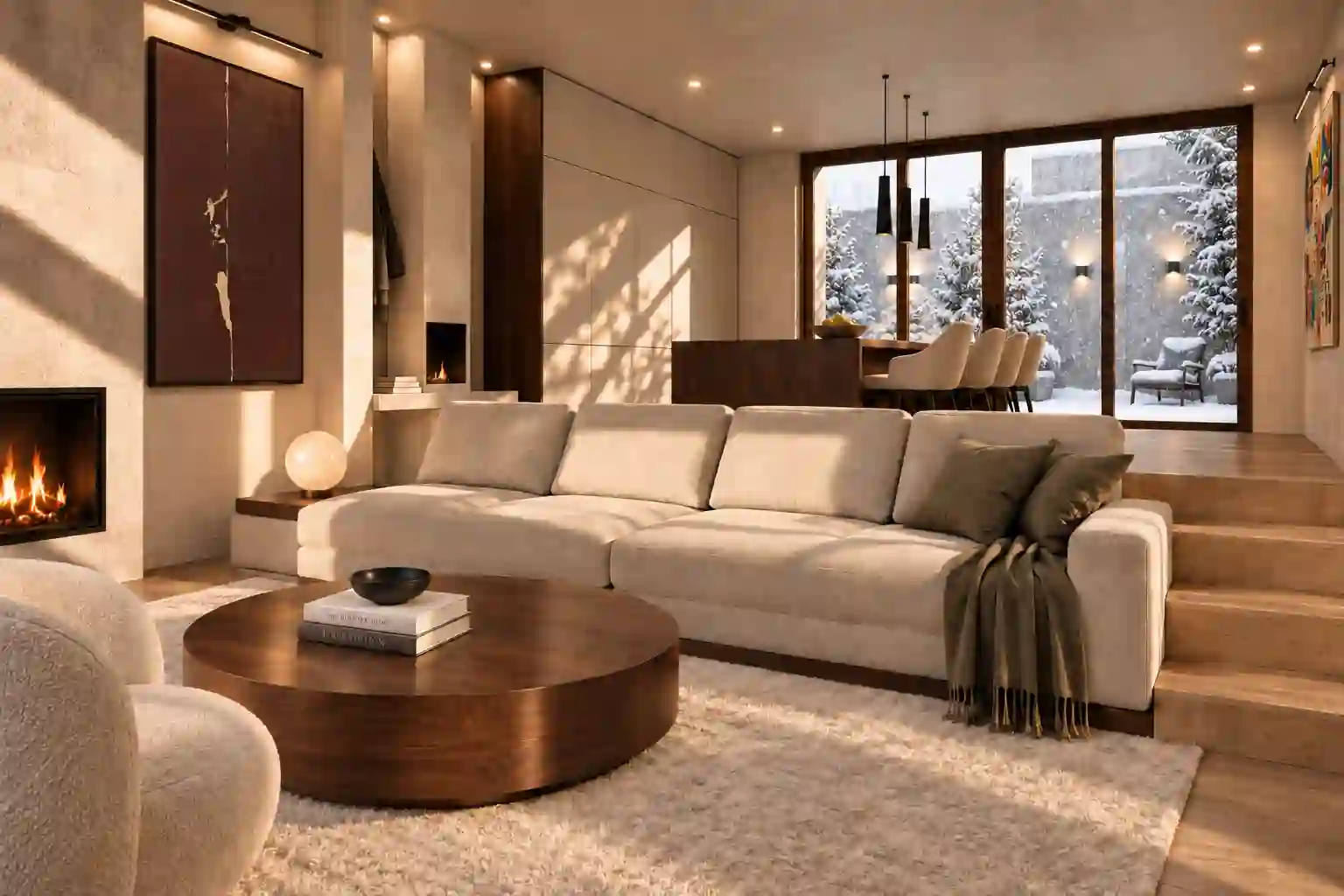 Zannier Private Estates Altis Schladming, Austria - Cozy Winter Modern Living Room with Burgundy Art