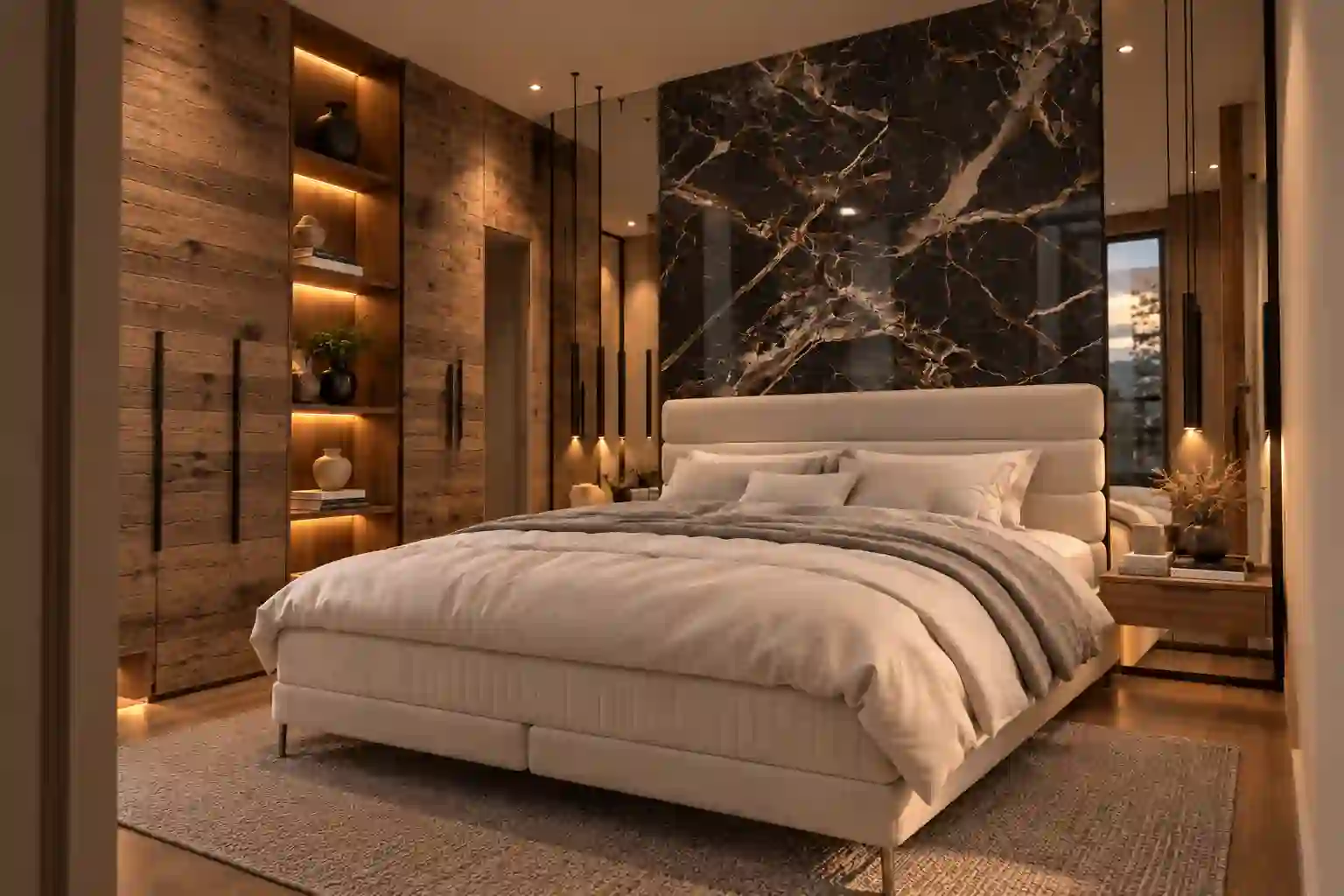 Zannier Private Estates Altis Schladming, Austria - Warm Minimalist Bedroom with Marble Wall