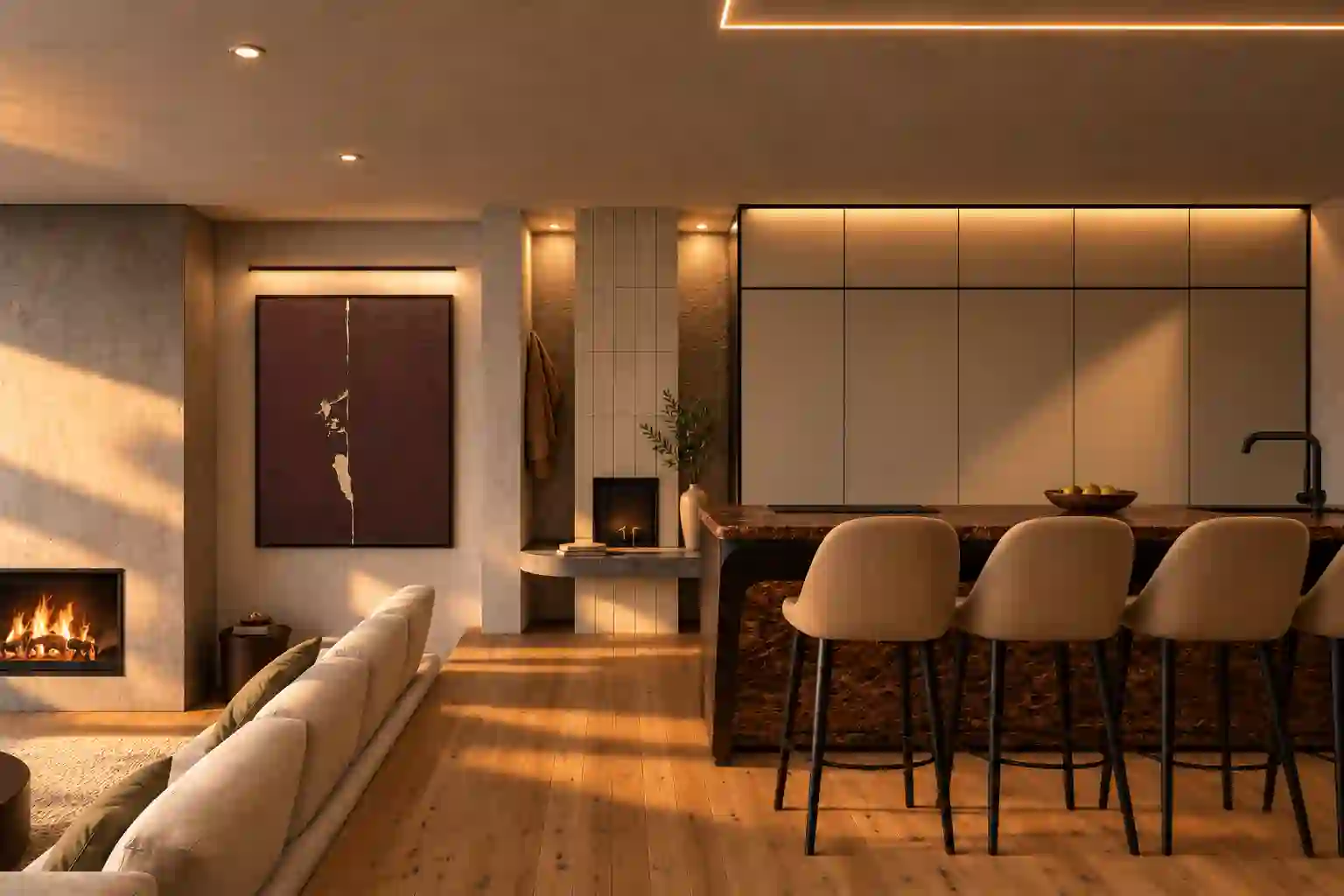 Zannier Private Estates Altis Schladming, Austria - Warm Minimalist Living Room with Burgundy Art