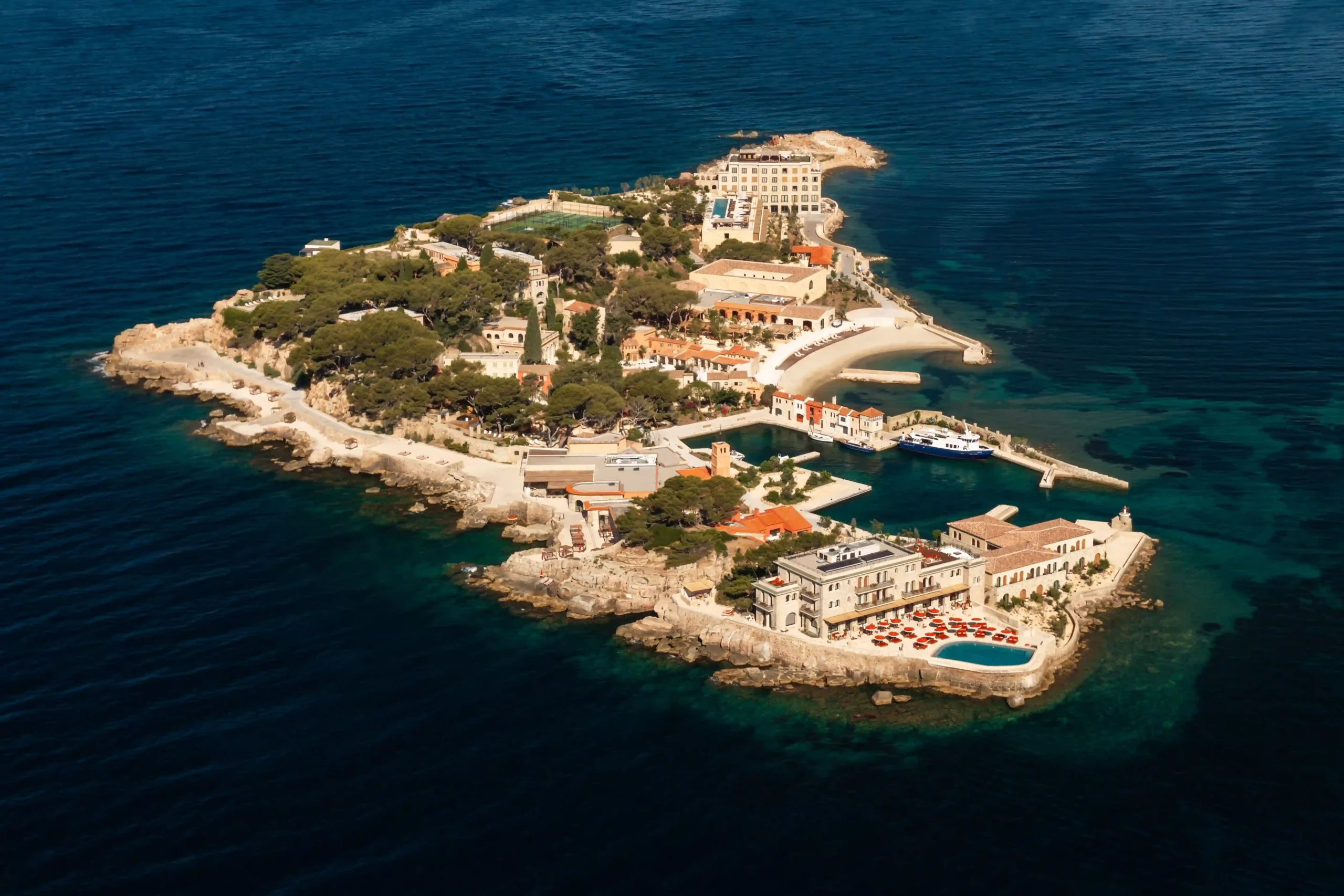Zannier Île de Bendor, Bandol, France - Drone view of the island originally purchased by Paul Ricard