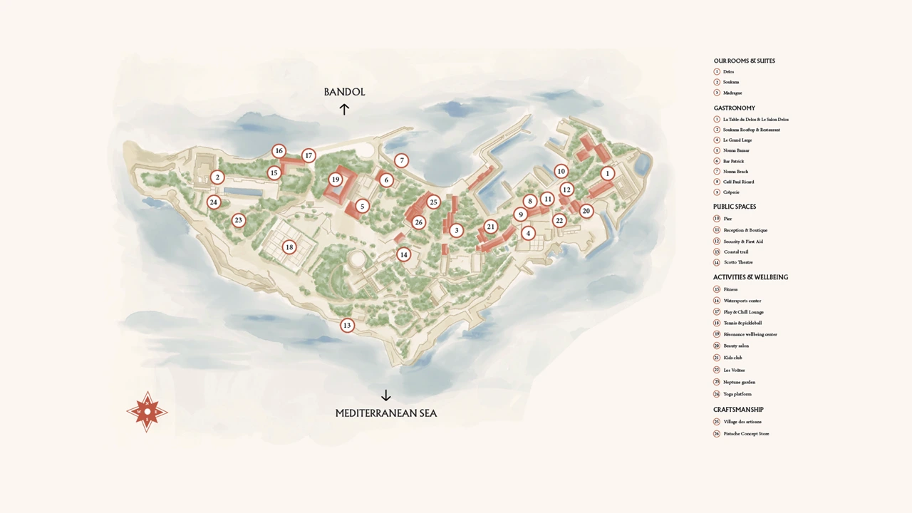 Zannier Île de Bendor, Bandol, France - Map of the island with interesting points